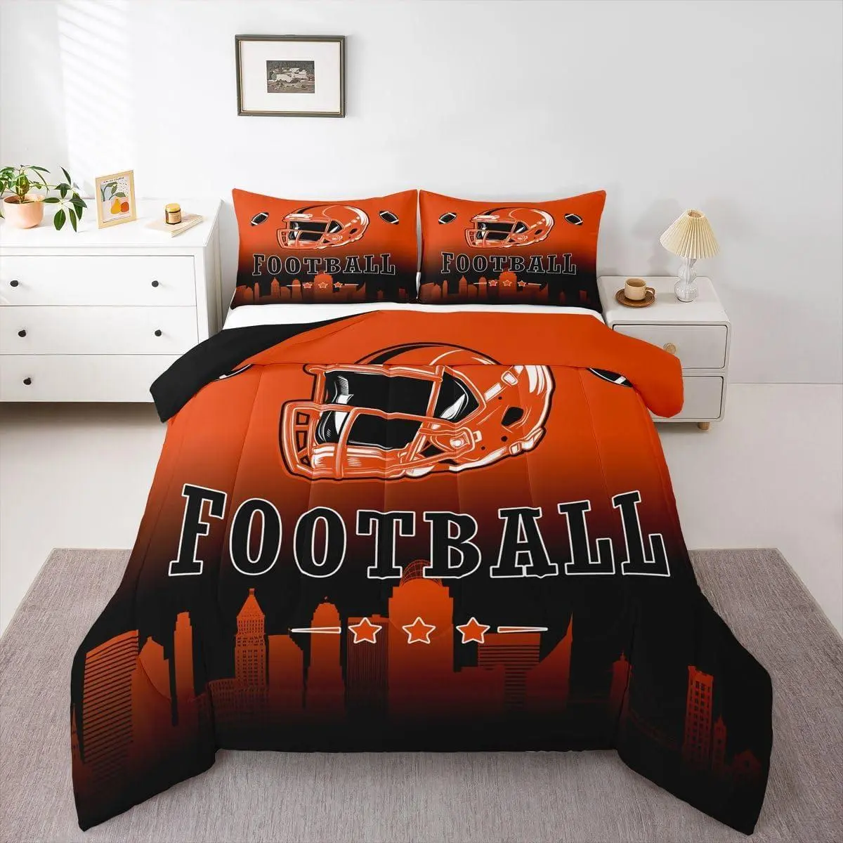 Football Comforter Set,American Rugby Bedding Set for Boys Girls,Football City Comforter Orange Black Ombre Quilt for Kids Teen Adults Room Decor