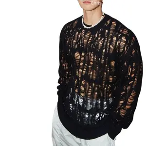 Sexy Hollow-Out Mesh Knit T-Shirt for Men – Sheer, Ripped Crew Neck Pullover Top