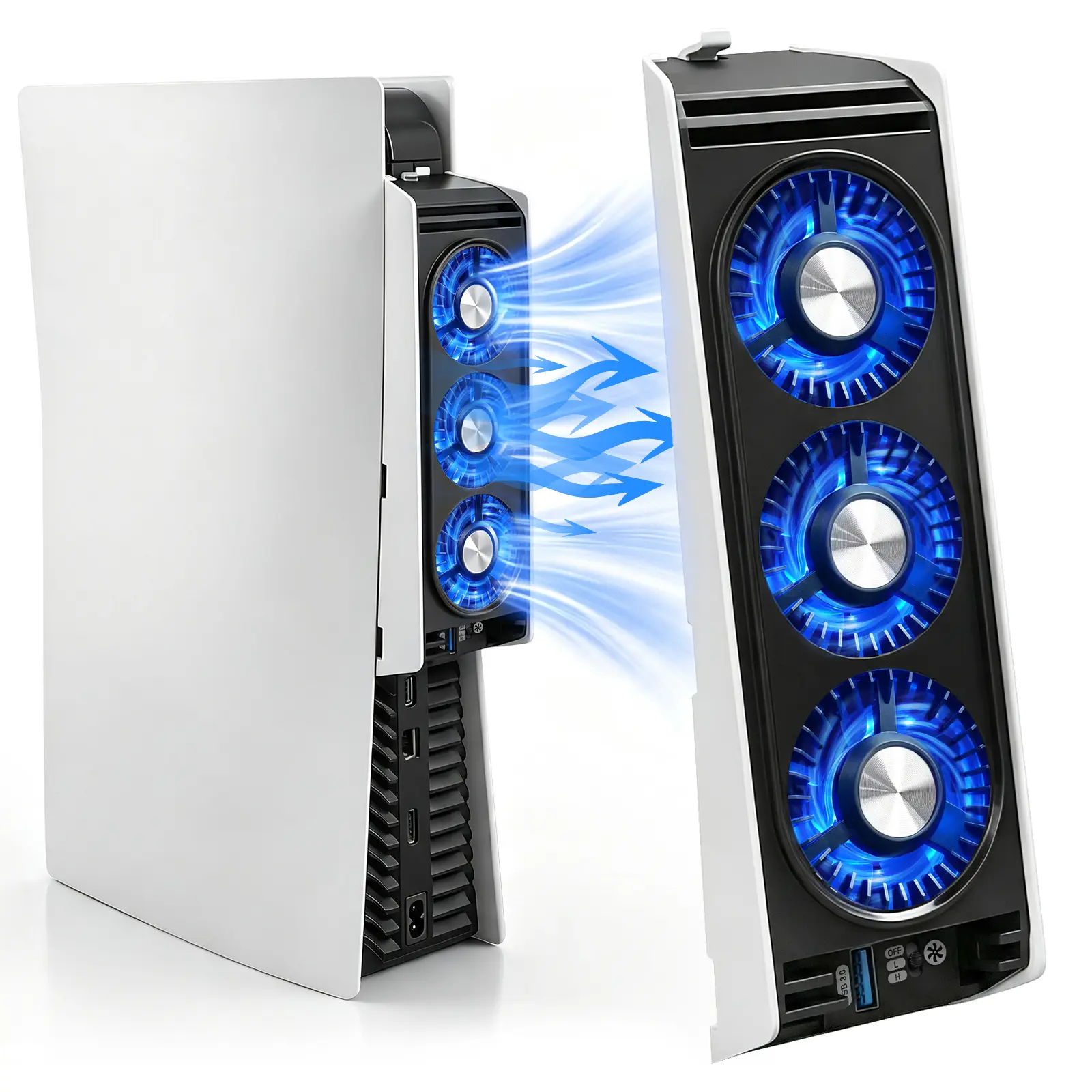 PS5 Cooling Fan Compatible with Digital, Disc & Slim Editions, Rear Cooler Station with 3 Blue LED Lights, 2 USB 3.0 Ports, 2 Fan Speeds, Manual Switch, ABS Body, Gaming Console Heat Reducer Accessory, Xmas Gift, Efficient Heat Reduction