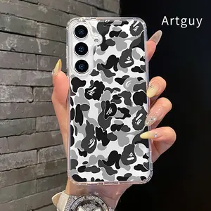Monochrome Camo Art Pattern Magnetic Phone Case for  Samsung GalaxyS26  S23 Ultra S24 Plus FE S25 S22+ Non-Yellowing Clear Crystal Drop-proof Slim Silicone Shockproof Transparent Acrylic Large Hole Cover Supports Wireless Charging
