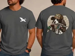 Bird Dog Duck Hunting Graphic Vintage Men T-Shirt - Retriever Animal Tee, Outdoors Nature Apparel, American Hunter Outfit, Special Gift For Dad, Wilderness Camouflage Lifestyle Active Wear Casual Top
