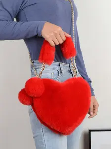 Fashion Spring New Valentine's Day Theme Soft Solid Color Plush Ball Pendant Heart Zipper Women's Shoulder Crossbody Handbag, Perfect Gift for Girlfriend