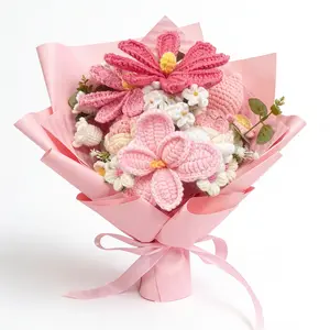 Handmade Crochet Bouquet, Artificial Flower Arrangements - Decorative Fake Flower Bouquet with Gift Bag, Card for Weddings, Mother’s Day Gifting