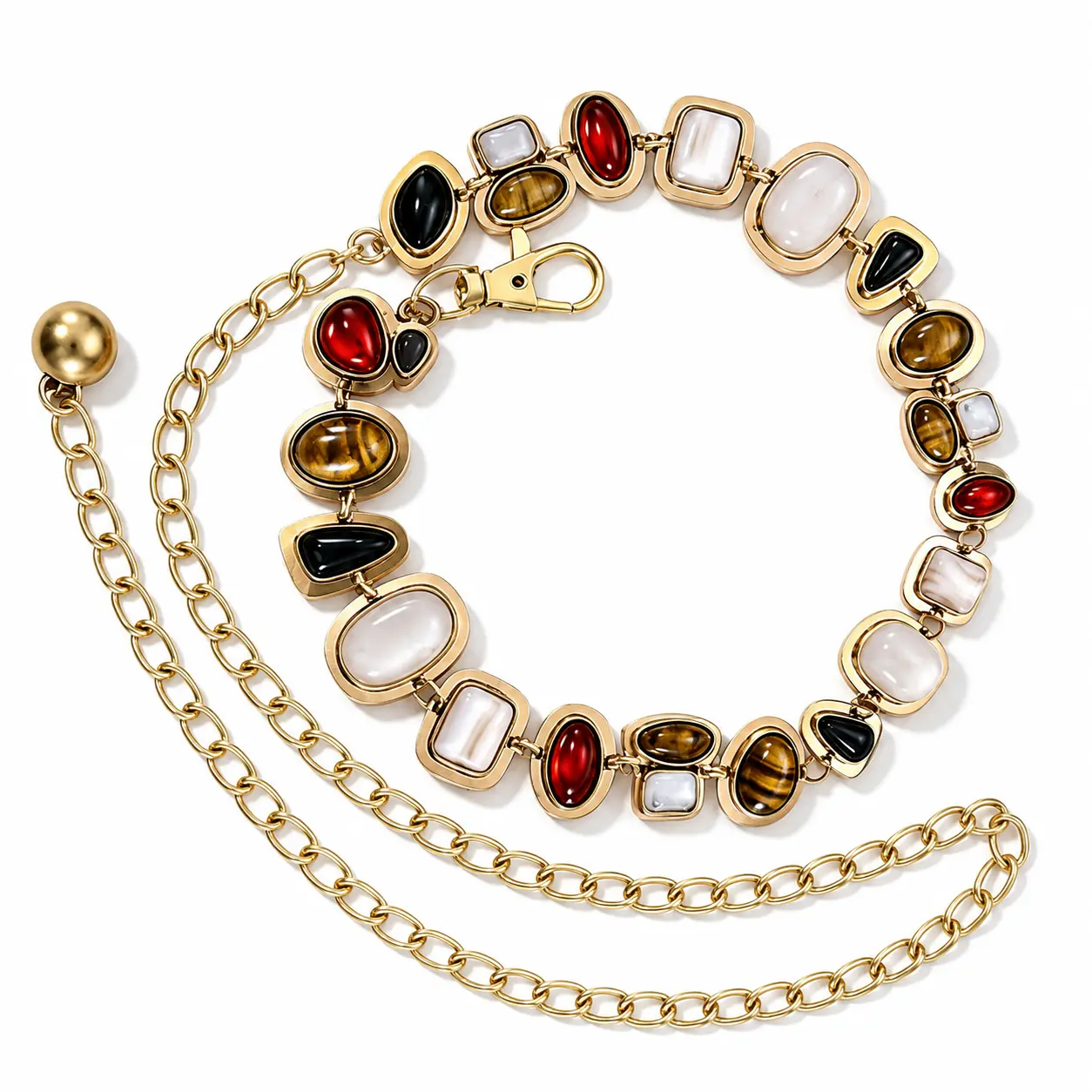 Women’s Gold-Tone Waist Chain Belt, Colorful Faux Gem Geometric Body Chain, Adjustable Y2K Boho Belt for Dresses, Skirts, Jeans and Festival Outfits