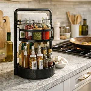 2 Tier Rotating Spice Rack with Paper Towel Holder, Height Adjustable Lazy Susan Organizer for Kitchen Countertop and Cabinet, 360 Degree Metal Turntable Seasoning Rack for Spices, Olive Oil, Snacks and Condiment Bottles, Rust-Resistant and Easy to Clean