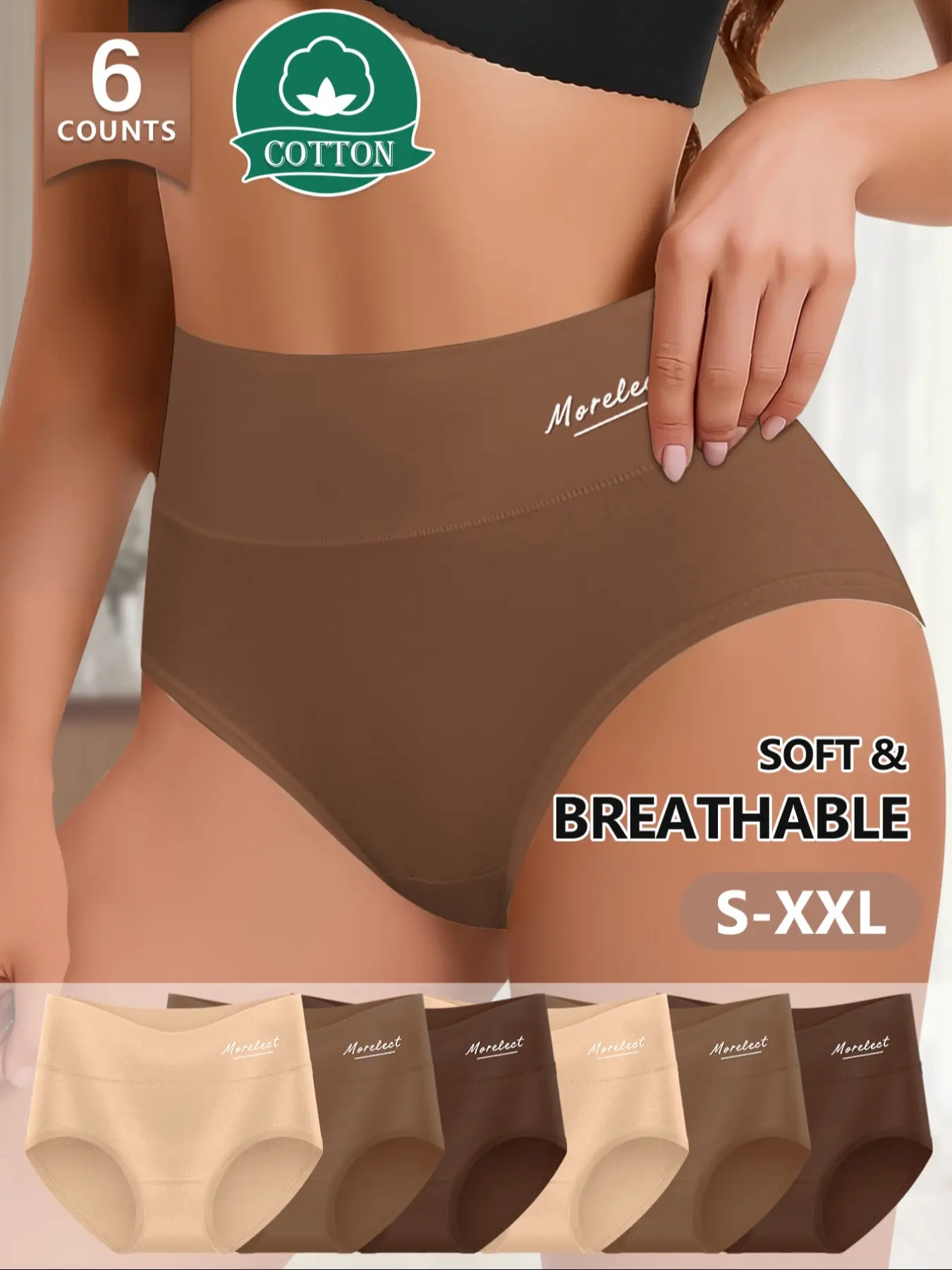 [Soft Cotton] Morelect  High-Waist Women's Underwear, 6-Pack, Breathable, Comfortable and Lightweight, Fitted Triangle Panties, Sizes S-Xxl, Multiple Colors