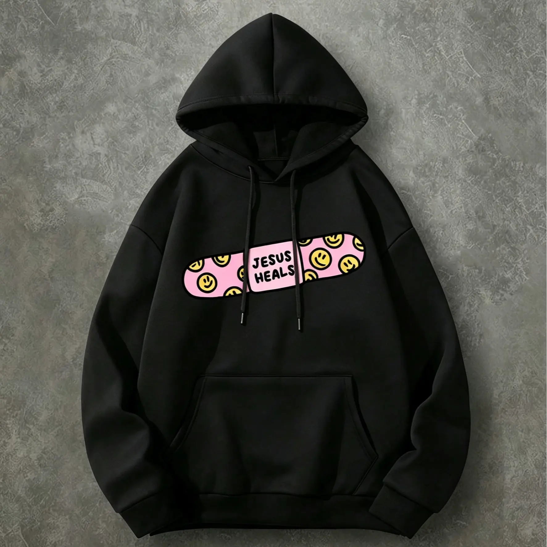 Menswear Jesus Heals Smiley Face Hoodie - 450G Brushed Fleece Tops, Soft Smooth Christian Graphic Hooded Sweatshirt, Religious Inspirational Casual Streetwear Pullover for Men, Women