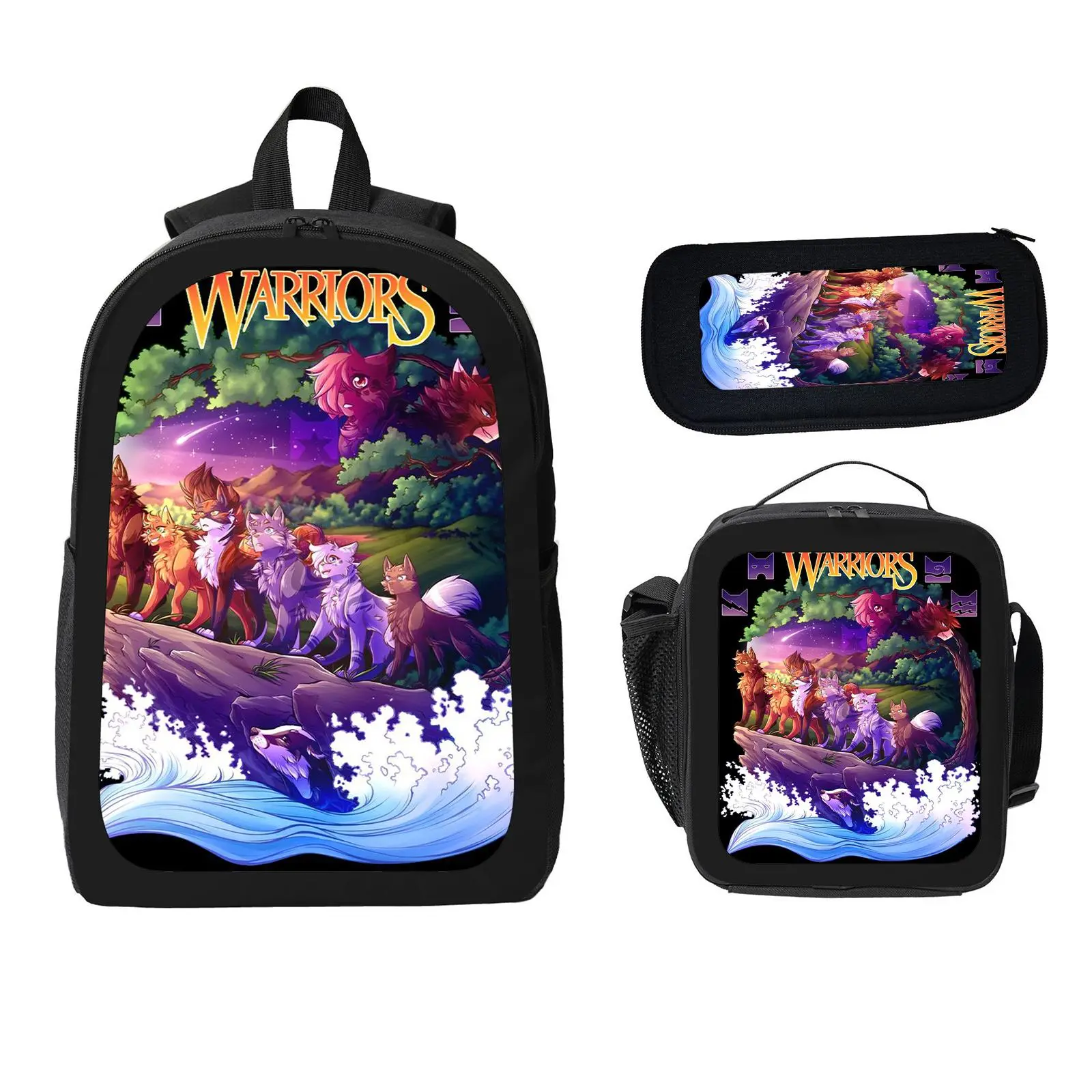 Warrior Cats Unisex 3-Piece School Backpack Set Pack, Large Capacity Water-Resistant Bookbag with Insulated Lunch Bag & Pencil Case, Travel Daypack for Elementary-Middle School Kids (c-96)