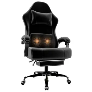 Ergonomic Gaming Chair - 350LBS Massage Office Computer Chair with Lumbar Support, Retractable Footrest & Pocket Spring Cushion, Height Adjustable Fabric Chair with Headrest (Black)