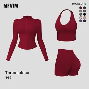 Women's Solid Criss Cross Bra & Funnel Neck Top & Shorts Three-piece Set by MFVIM - Sports Outfit for Yoga, Gym, and Workouts, Ladies' Athletic Apparel for All Seasons, Breathable Activewear