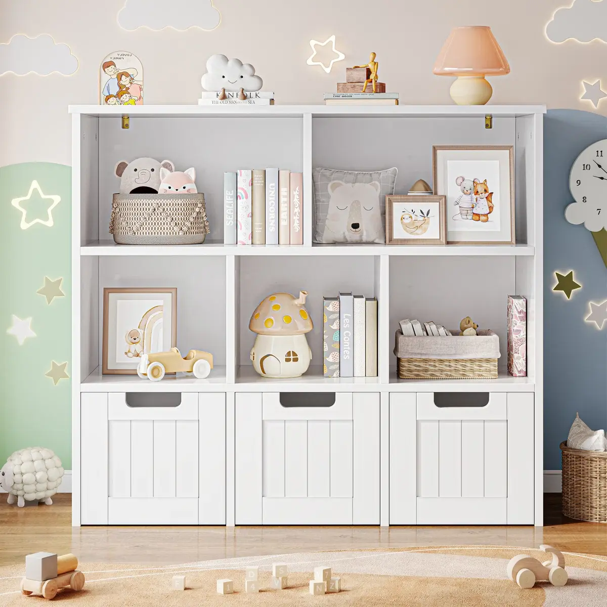 Bookcase with 3 Movable Drawers – Home Office Cube Storage Unit with 5 Open Cubbies – Toy Storage Organizer & Multifunctional Floor Storage Chest – White