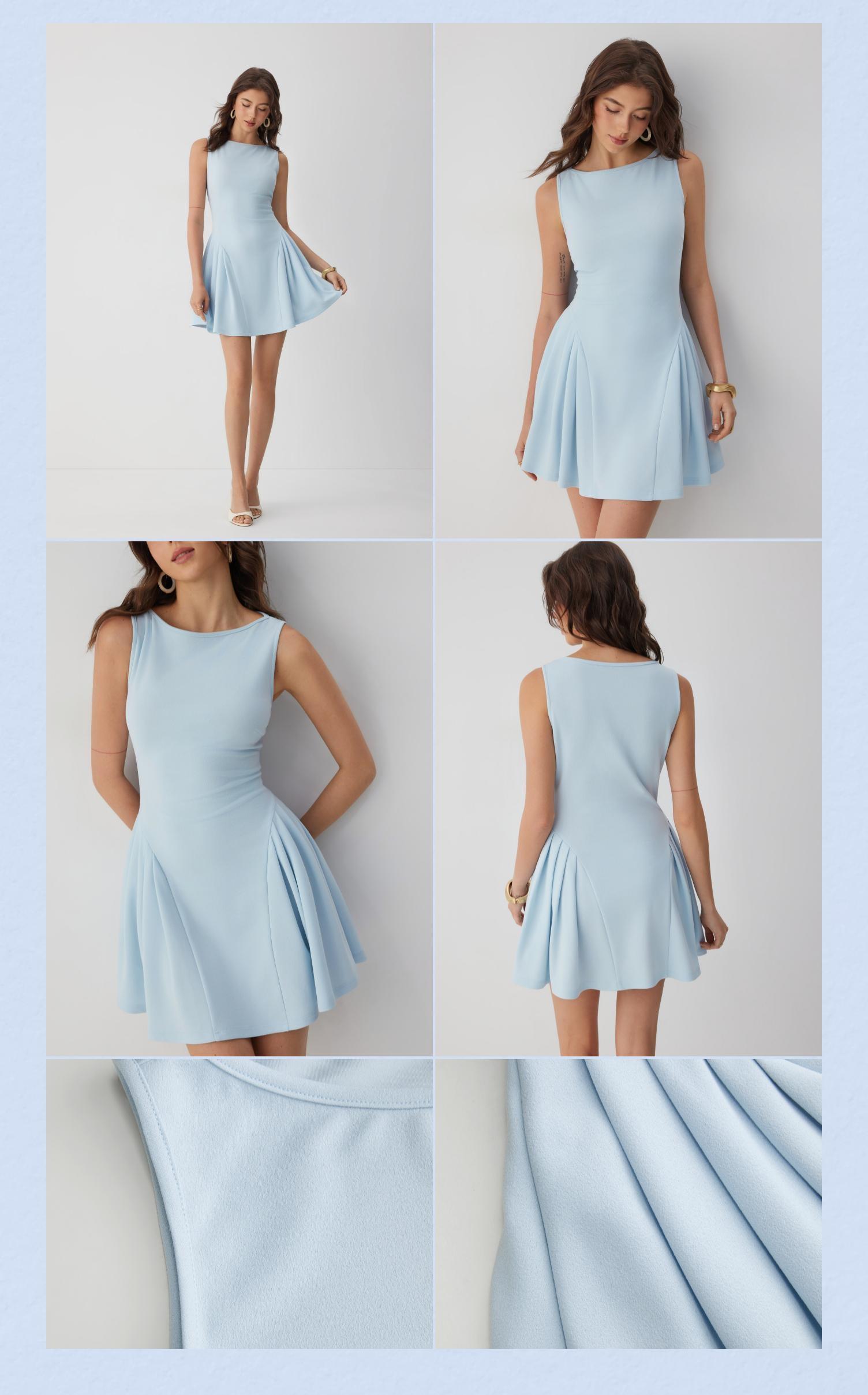 Cider Boat Neck Pleated A-line Mini Dress