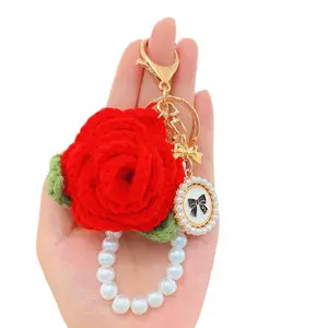 Handmade Crochet Rose Keychain, Knitted Flower Bag Charm with Pearl Chain, Cute Aesthetic Accessory for Women & Girls,Perfect Small Gift for Friends & Bridesmaids #   GLOBAL PICKS