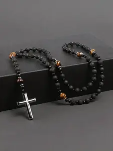 Tiger Eye Cross Necklace for Men, Obsidian Necklace, Hematite Cross Pendant, Lava Rock Rosary, Healing Crystal Necklaces