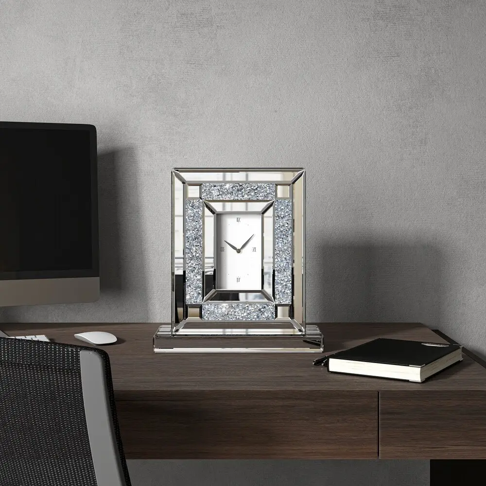 Classic Rectangle Black-Silver Mirrored Crushed Diamond Quartz Analog Table Clock, Glass-MDF Creative Decorative Piece for Living Room Home Supplies
