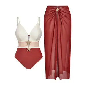 Rust Red One Piece Swimsuit with Sheer Maxi Skirt 2 Piece Set, V Neck Tummy Control Bathing Suit for Women