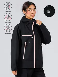 Women's Waterproof Windproof Hooded Raincoat, Lightweight Breathable Foldable Outdoor Hiking Soft Shell Jacket, Safety Zipper Pocket
