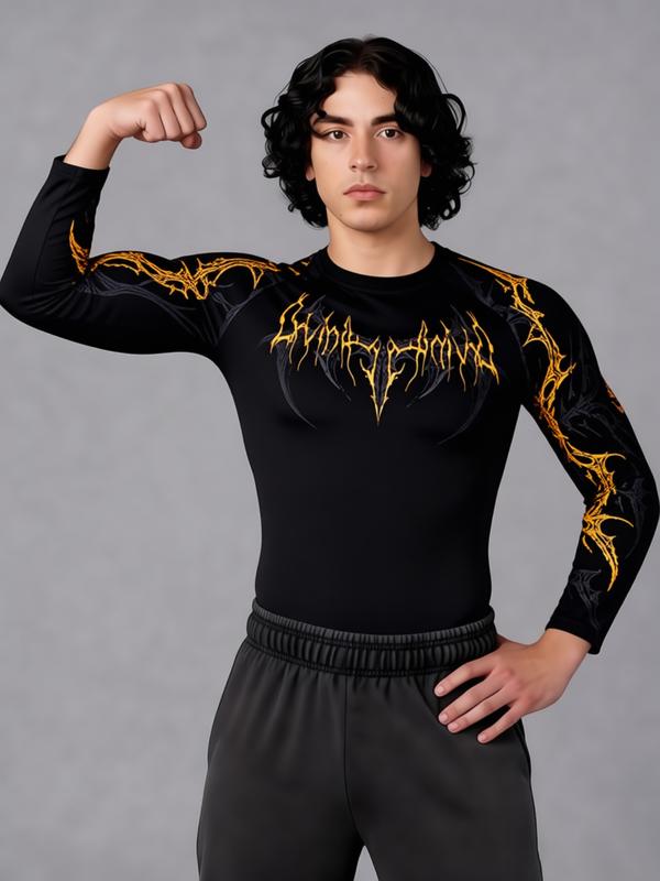 Men's Professional Sports Quick-Dry Fitness Shirt, Gothic Print Long Sleeve, High Elasticity, Round Neck, Moisture-Wicking, Running, Training, Daily Wear, Gym Workout Shirt