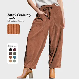 TARSE Women’s Corduroy Wide Leg Pants Baggy Minimalist Boho Pants Casual Elastic Waisted Palazzo Harem Pants with Pockets Trendy Barrel Trousers Womenswear Loose