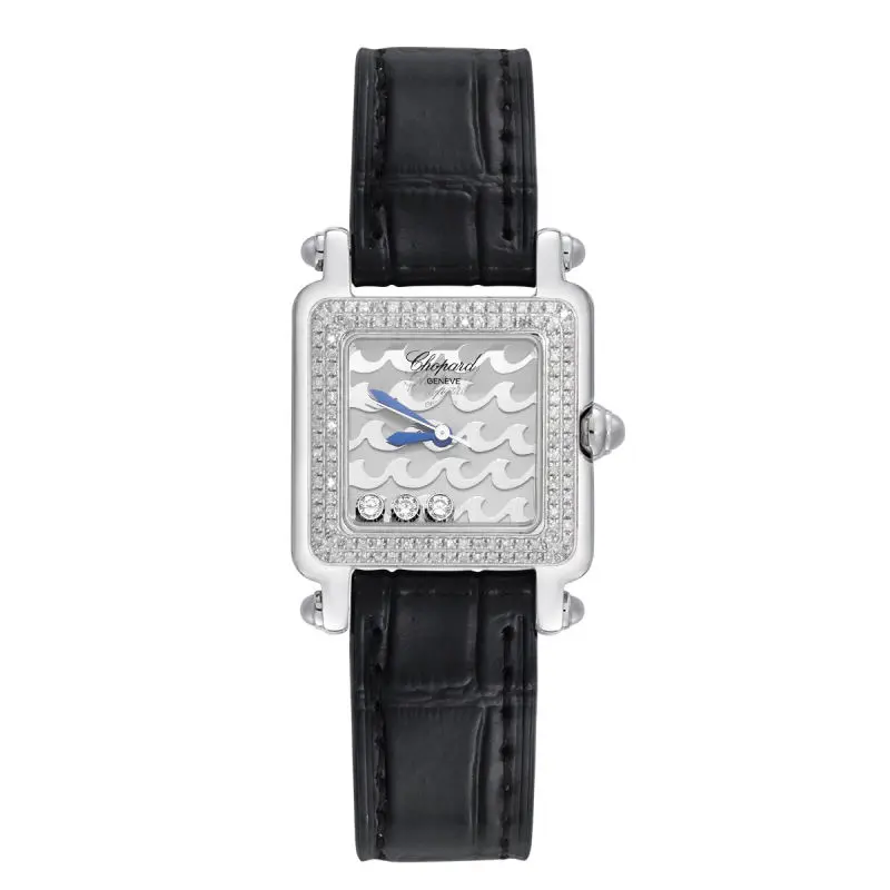 Chopard Happy Sport Square 27mm 27/8896 Quartz Stainless Steel Aftermarket Diamond Bezel Grey Wave Dial Ladies Watch WHT024415