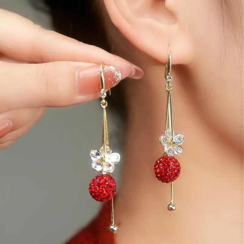 High-end fashion floral tassel full-diamond red earrings DDES0378, stylish long style for women, 129414KGold-Plated