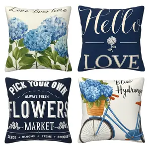 Spring/Summer Pillow Cover, Blue Hydrangea Pattern Pillow Cover, Mother's Day Love Pillow Cover, Suitable for Living Room, Bedroom, Farmhouse Style Decoration, 4-piece Set with Double sided Printing