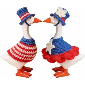 7 Inch Desk Goose Outfits, 2 Sets Independence Day Couple Desk Goose Costumes Accessories, Festive Knitted Desktop Geese Decor Magnetic Goose Statue Clothes | 4th of July Home Office Table Decor Gifts