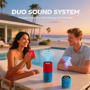Duo Sound System Portable Mini Speaker Magnetic 2-in-1 Bluetooth Wireless Speaker with 2400mAh Battery Long-lasting Playtime FM Radio TWS Pairing Compact Stylish Design Audio Smartphone