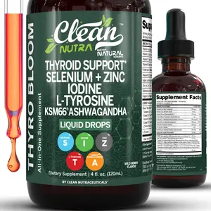 Clean Nutra Thyroid Support Drops Selenium, Zinc, Iodine, L-Tyrosine, Ashwagandha for Metabolism & Hormone Support - Thyro Bloom