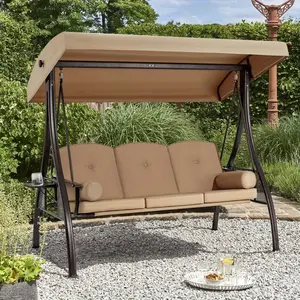 3-Seat Outdoor Swing Chair with Adjustable Backrest, Converts to Lounger Bed, Patio Swing Glider with Removable Cushion & Canopy for Deck, Garden, Backyard, Brown