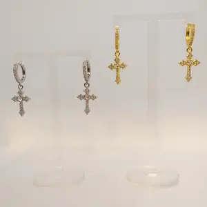 #196 Cross Rhinestone Hoop Earrings- Casual Religious Earrings