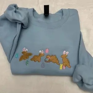 [MADE IN US] Dino Nugget Embroidered Sweatshirt, Cute Easter Dino Nuggies Crewneck, Funny Nugget Dinosaur Shirt, Pastel Spring Casual Cotton Comfy Tops Womenswear Fashion Vintage Graphic Piece Hoodie