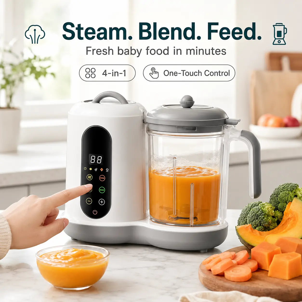 4-in-1 Baby Food Maker, Baby Food Steamer Blender with Bottle Warmer & Sterilizer, One-Touch Homemade Puree Processor, Compact Countertop Design