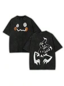 Mimikyu Halloween V2 Acid Washed Anime T Shirt Double Sided Graphic Print Oversized Vintage Retro Cotton Unisex Tee Casual Streetwear Top Trendy Fan Apparel for Daily Wear and Halloween Events