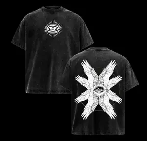 Men's Oversized Distressed Vintage Washed Short-Sleeve Round Neck Menswear T-Shirt - Archangel Michael Gothic Holy Warrior Graphic, Faithcore, Festive Valentine Casual Streetwear Top