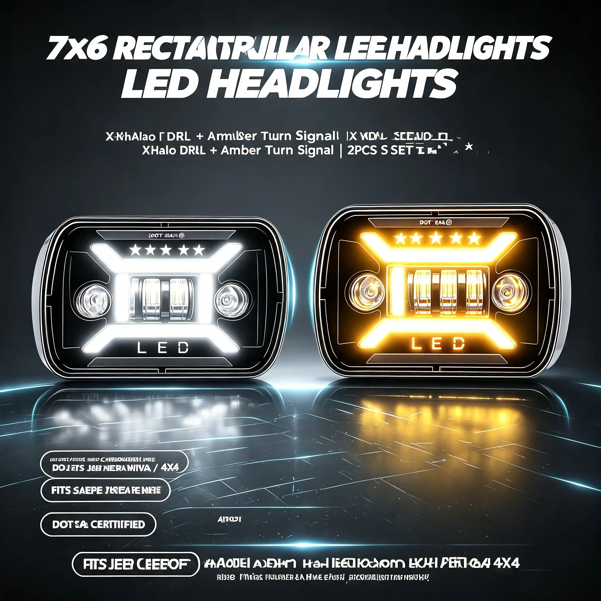 7x6 Inch Rectangular LED Headlights, X-Shaped Halo DRL Amber Turn Signal Sealed Beam Headlamp, DOT SAE Certified, Compatible with Lada Niva Urban, Jeep Cherokee, Classic Pickup Truck, Offroad 4x4 Vehicles, 2PCS Black