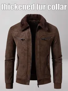 Men's Winter Velvet Jacket, Fleece Lined Thick Fur Collar, Vintage Lapel Multiple Pockets, Warm Motorcycle Coat