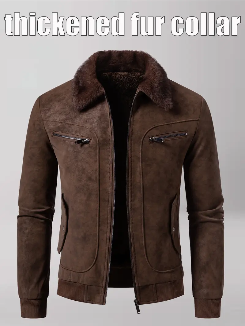 Men's Winter Velvet Jacket, Fleece Lined Thick Fur Collar, Vintage Lapel Multiple Pockets, Warm Motorcycle Coat