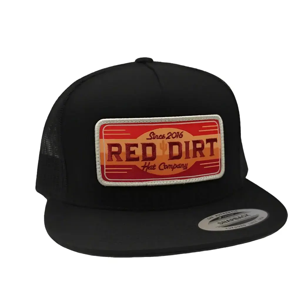 Red Dirt Hat Co Black Rawhide Patch Snapback - RDHC-397 Embroidered Classic Trucker Hat, Flat Bill, Casual, Mesh Backing, Snap Closure, Embroidered Trucker Hat