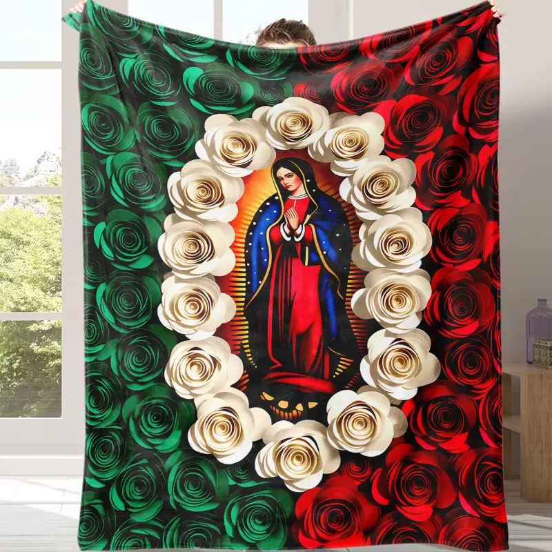 Religious Virgin of Guadalupe Graphic Fleece Throw Blanket - Mexican Flag Color Rose Wreath, Soft, Keep Warm, Rose Decorative, Oversized Washable, All Seasons, Catholic Gift for Mexican Latina Believers (Chapel, Bedroom Use)