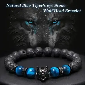 Men's men's wolf head hand, with natural blue tiger eye and lava, handmade, to relieve male anxiety, with dazzling and unique design, men's accessories | Bold aesthetic bracelet | Handmade crafts