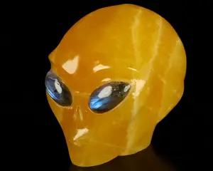 GOOD QUALITY 4.1" Beeswax Jade Crystal Skull Companion with Labradorite Eyes, Star Being Female Alien Reiki Healing Stone Statue4502865