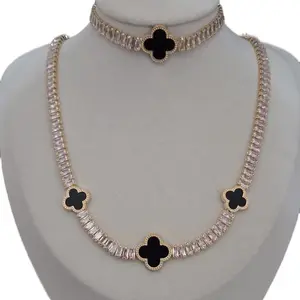 Channel Iconic Luxury Gold-Toned Choker & Long Necklace Duo with Bold Black Onyx Clovers & Dazzling Baguette Crystals