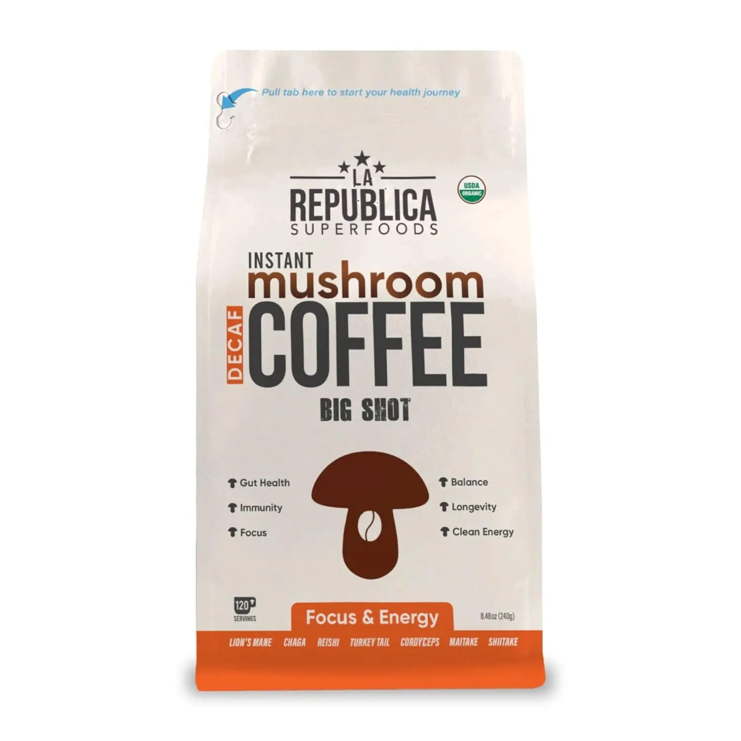 La Republica Big Shot Decaf Instant Mushroom Coffee Organic (120 Servings) with Lion's Mane, Reishi, Chaga, Cordyceps, Maitake, Turkey Tail Natural Beverage