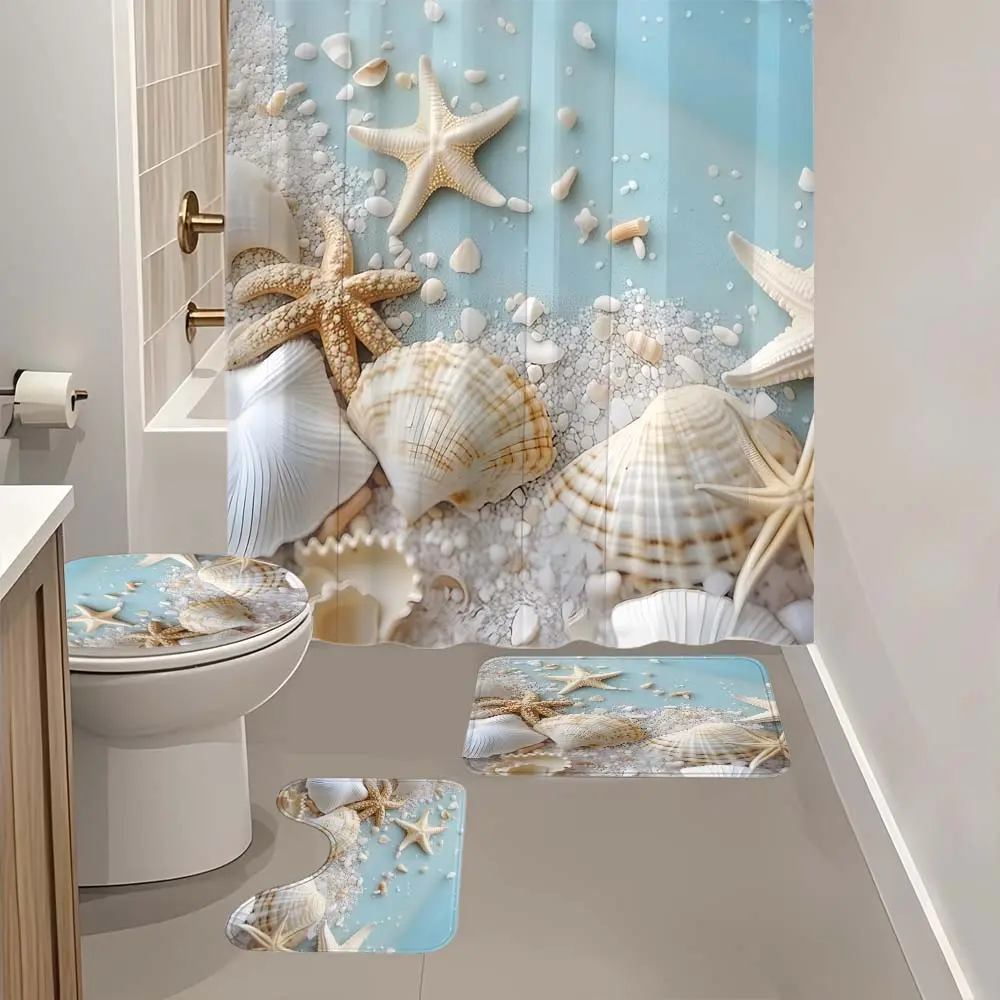 4 piece Starfish Seashell Beach Ocean patterned shower curtain, The 4-piece set includes a single shower curtain, anti slip floor mat, toilet U-shaped mat, toilet lid mat, with shower curtain hook, and belongs to bathroom decoration products