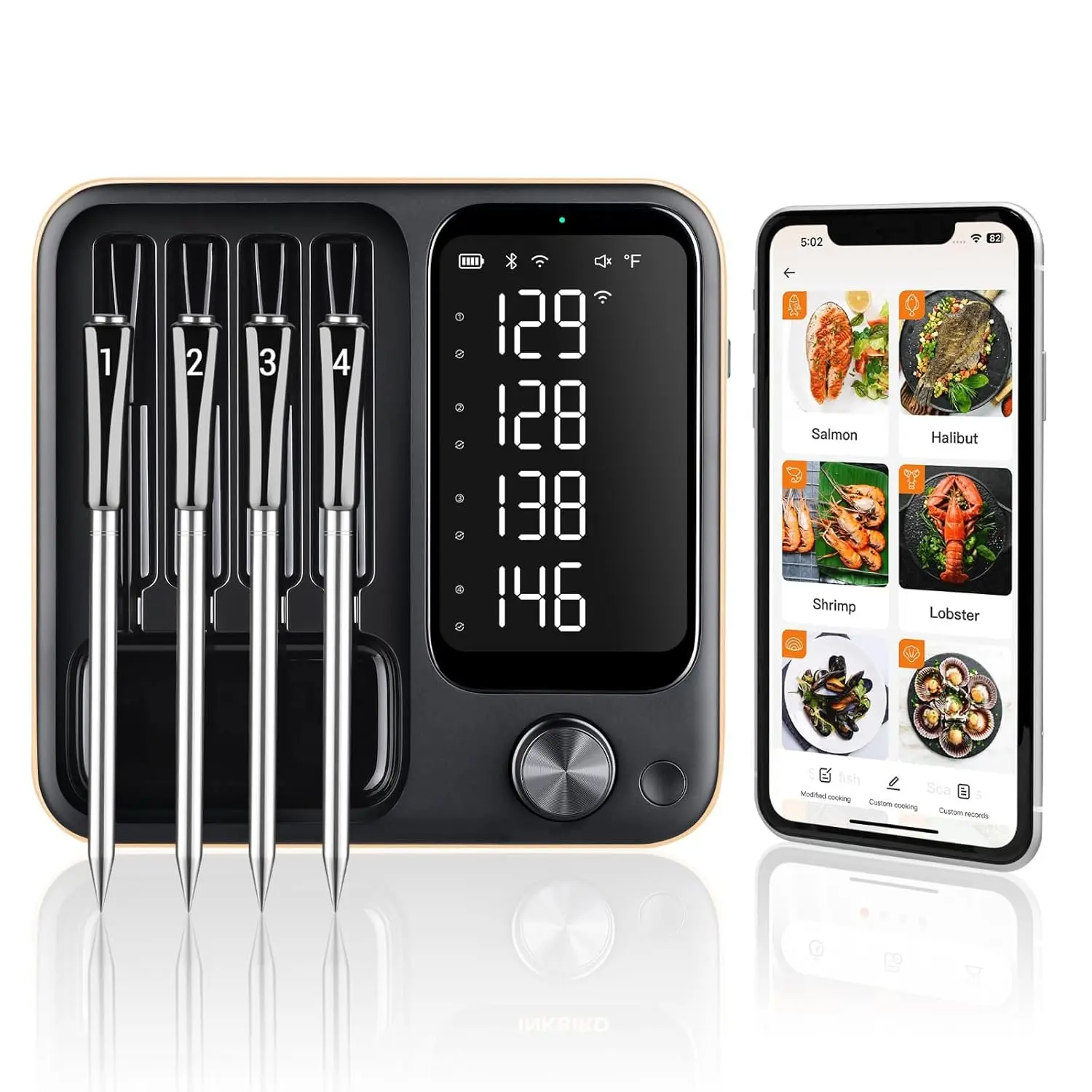 4-Probe WiFi  Meat Thermometer with 360?Readable LCD Standalone Base, WiFi and  5.3 Unlimited Range, IPX8   Kitchen Thermoemter for BBQ, Grill, , Oven, Rotisserie