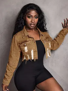 Women's Long Sleeve Single-Breasted Distressed Cropped Denim Jacket