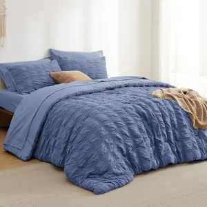 a Bag Full - 7 Plaid Seersucker Comforter Sets, Lightweight Mineral Blue Boho with Comforters Full Size,, Pillowcases  Shams