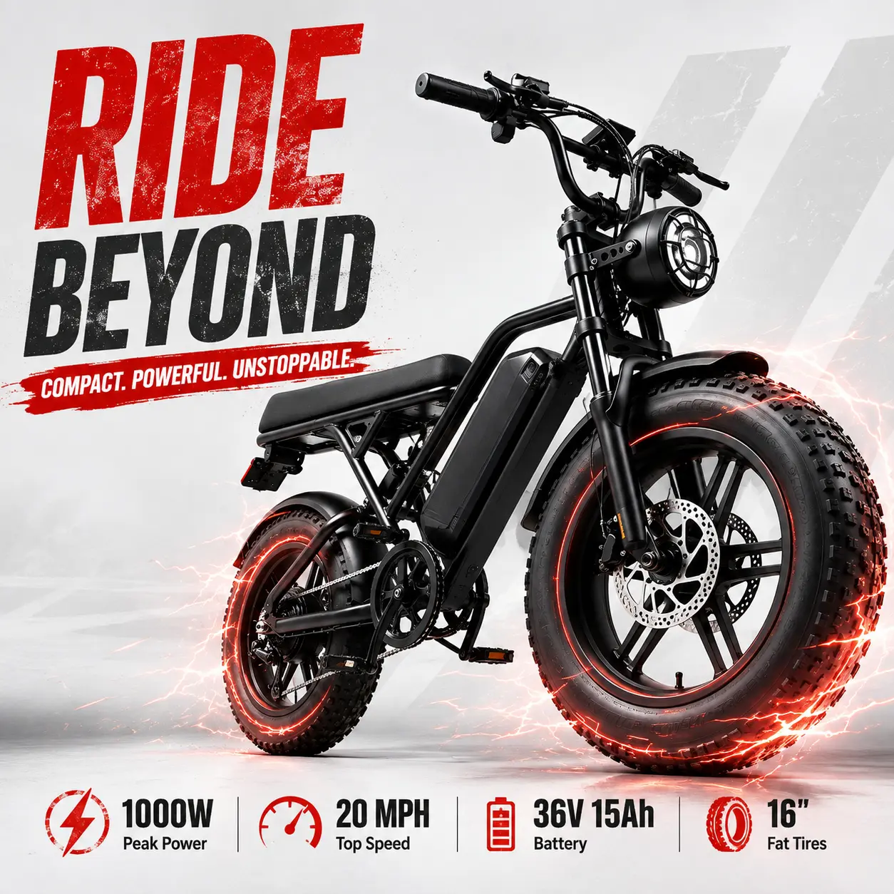 1000W Peak Power All Terrain Electric Bike 16 Inch Fat Tire 36V 15AH Battery 20MPH Max Speed 5 Speed Gear Shift 7 Speed Freewheel Electric Bicycle with LED Display