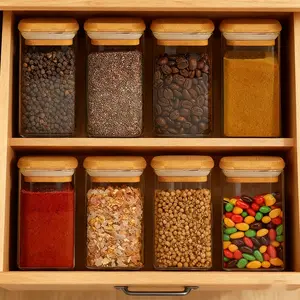 Clear Glass Food Storage Jar with Wooden Lid, 1 or 2pcs Counts Food Spice Coffee Bean Storage Container, Kitchen Storage & Organization Container, Food Storage Containers for Home Dormitory Office Kitchen